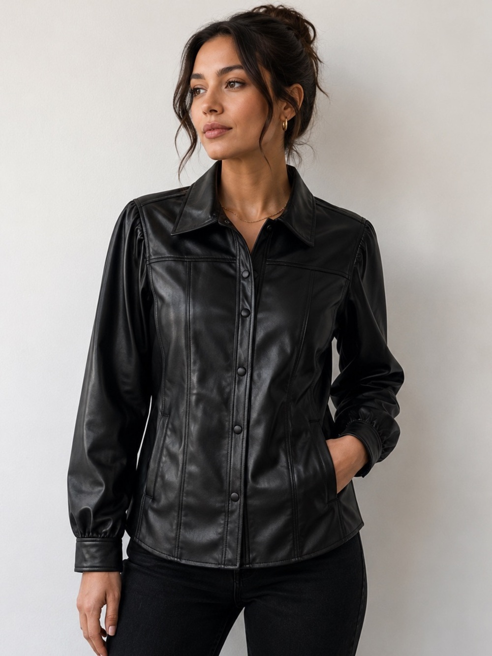 NWT BlankNYC Faux Leather Button Down Shirt Jacket Black